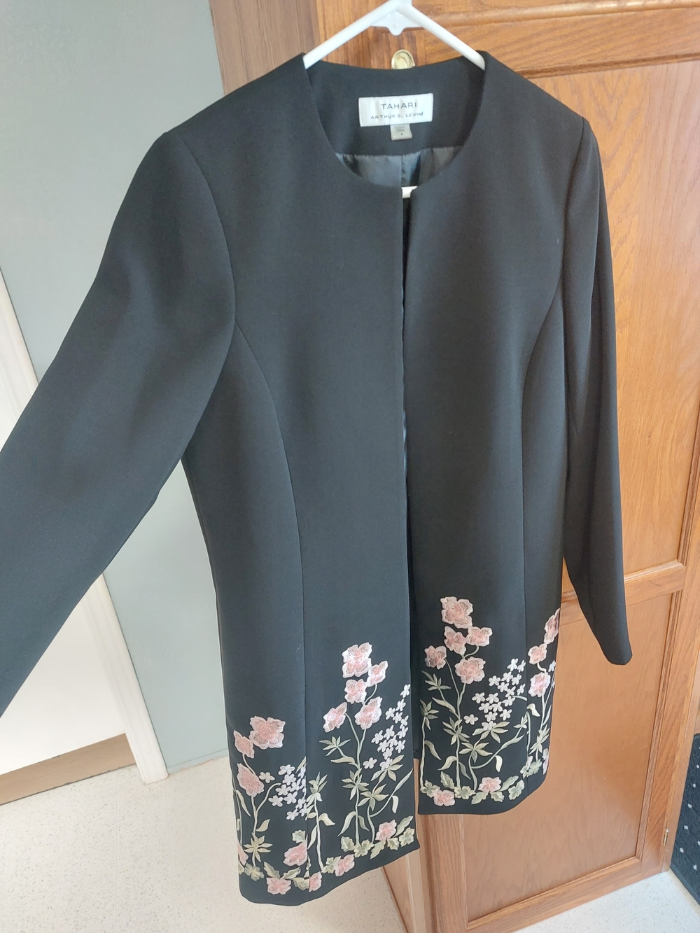Tahari Black Collarless Jacket with Pink Floral Embroidery